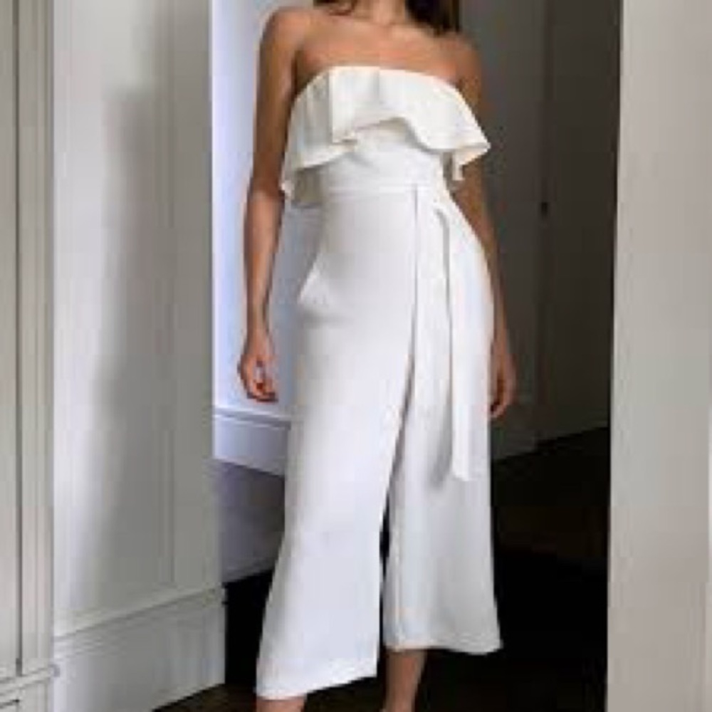 Aritzia Babaton Cream Strapless Ruffle Jumpsuit